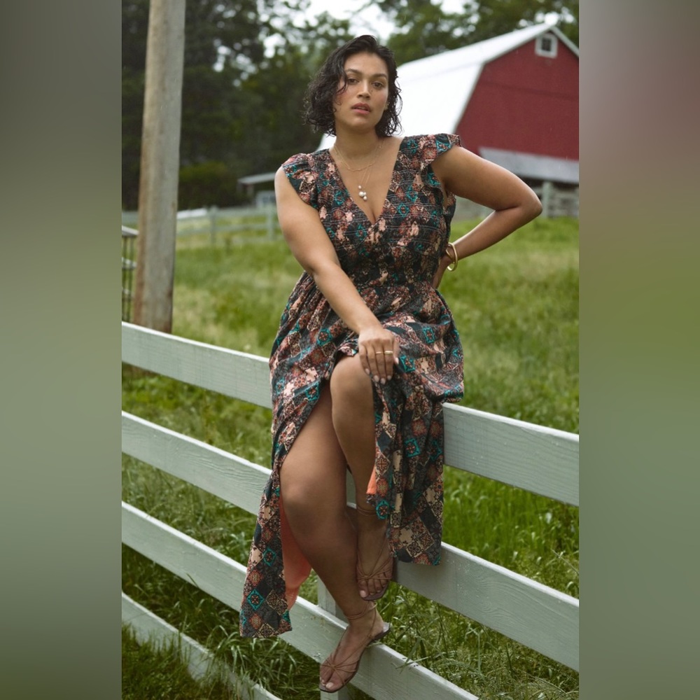 Anthropologie Blue & Brown Patterned Midi Dress - Picture 4 of 13